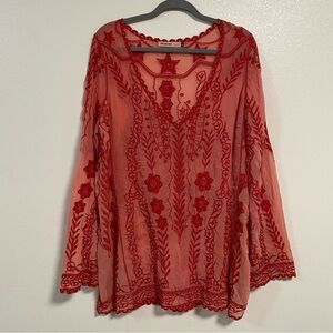 Origami by Vivian Sheer Embroidered Tunic Top Red Size Med/Large